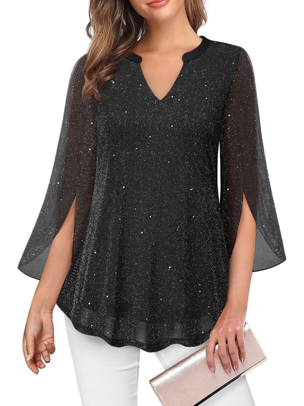 VALOLIA Women's Tops Black 3/4 Sleeve Floral V Neck Double Layers Mesh Blouses